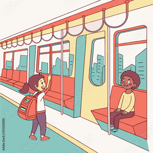 Illustrated depiction of children commuting via train within an urban environment