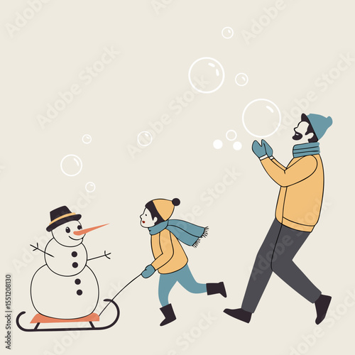 Delightful winter family activity, snowman on sled, soap bubbles fun outdoors