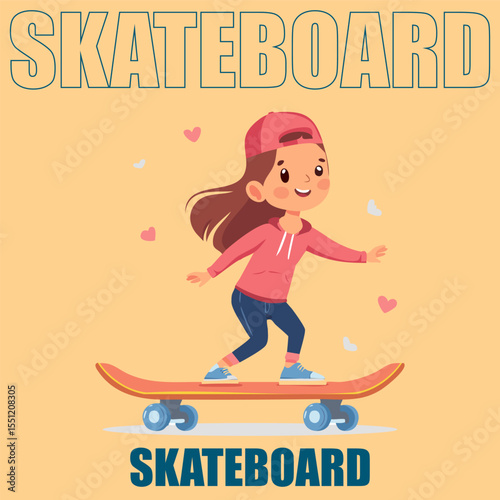 Skateboarding Action, Young Girl, Urban Setting, Illustration, Cheerful Environment, Side View, Fun Concept