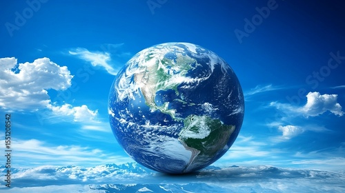 A vibrant Earth globe floats serenely above a landscape of clouds and mountains under a clear blue sky