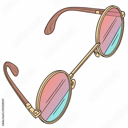 Illustration of retro round sunglasses with gradient lenses and wooden arms