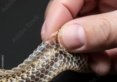 Hand holding snake skin with shedding pattern against dark background  