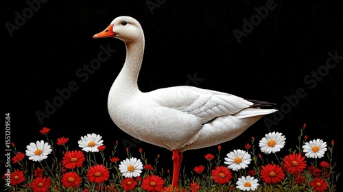 Serene Snow Goose Amidst Red and White Flowers