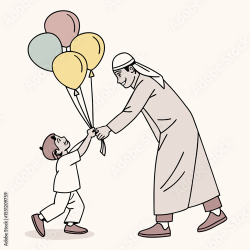 Heartwarming illustration of an Arab father giving balloons to his young child