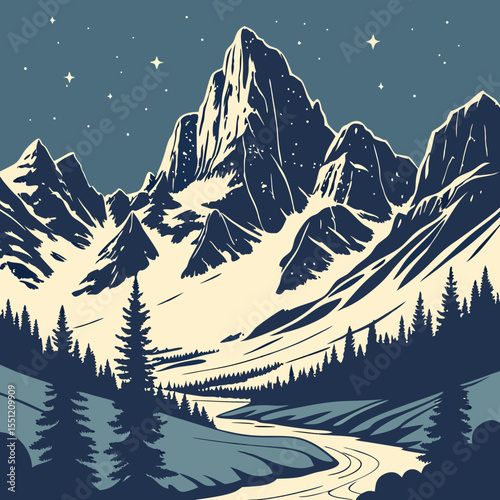 Serene mountain peak panorama under the starry night sky in winter landscape