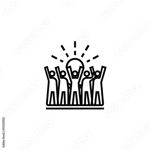 Team celebrates shared lightbulb idea solution success unity white background