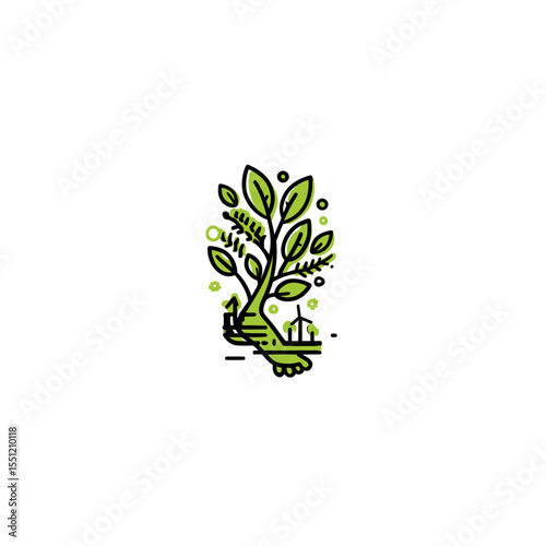 Green sprout blooms near turbines promoting clean sustainable energy future