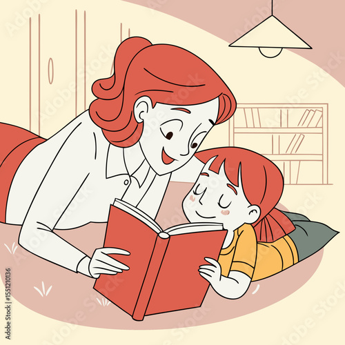 Cozy reading time: Mother and child sharing a story in a warm, inviting space