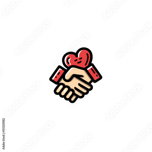 Hands exchanging red heart symbolize agreement on white backdrop with illustration style