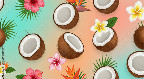 Tropical Coconut Pattern: Vibrant Summer Design with Hibiscus & Plumeria AI Generated Image