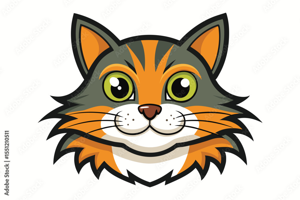 Obraz premium Cartoon Cat Face with Orange and Gray Fur, Green Eyes, and a Playful Expression in a Whimsical Vector Illustration