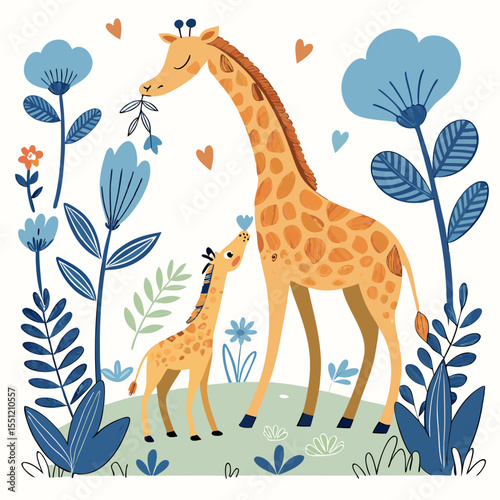 Giraffe Family amidst Floral Accents: A heartwarming illustration for children