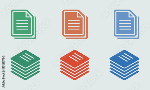 Document and File Stack Icon Set. Colorful Paper and Folder Symbol Collection