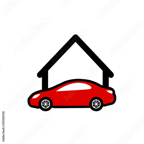 Red vehicle parks under roof outline against white backdrop illustration safety