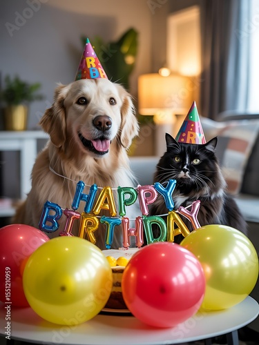 Golden Retriever and Black Cat Birthday Celebration: Festive Pets, Party Balloons, Cake, Home Interior