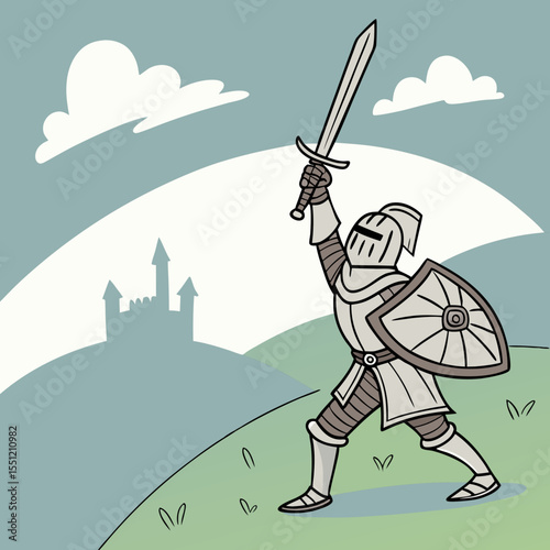 Triumphant Knight Illustration: A Cartoon Warrior Celebrating Victory near Castle