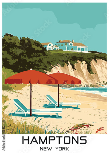 Hamptons Beach Vector Illustration. New York Summer Seaside Resort with Beach Chairs and Umbrellas.