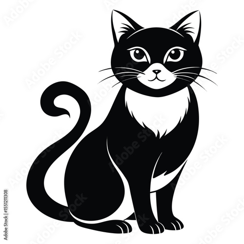 Elegant Silhouette of a Black Cat with a Curled Tail and White Accents Sitting and Looking Forward Artistically Rendered