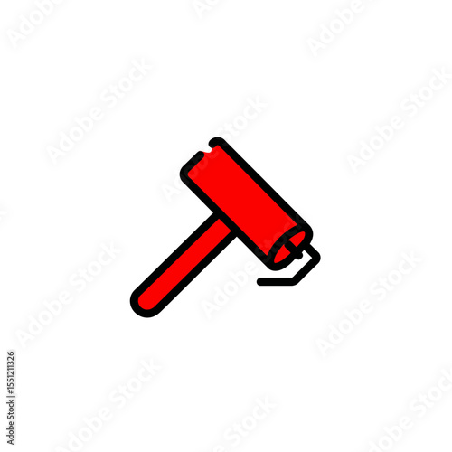 Red paint roller applies color indoors with white background illustration