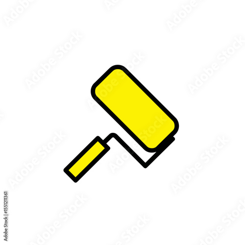 Yellow paint roller applies color indoors during decoration projects with outline