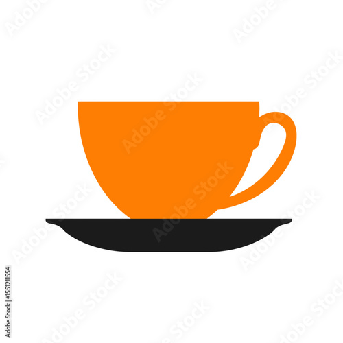 Orange teacup sits still on black saucer simple studio setting graphic element