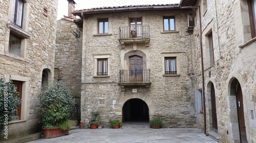 A weathered stone building with a central arched entryway, flanked by windows and balconies, sits within a quiet courtyard.  The structure showcases old-world charm