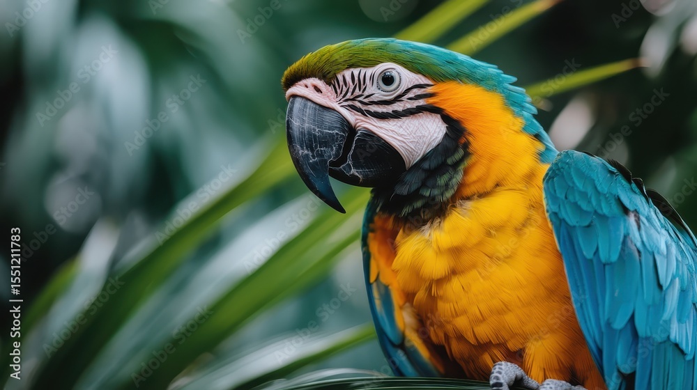 Obraz premium This vibrant image of a macaw amid lush green foliage showcases the stunning colors and intricate patterns of the bird, capturing the essence of tropical wildlife and natural beauty.
