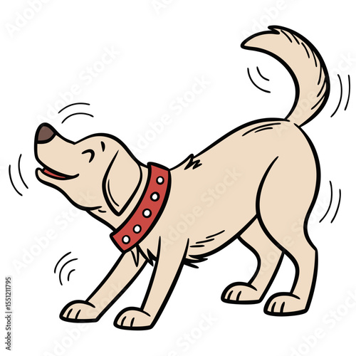 Cartoon dog stretching cheerfully with red collar on white isolated background