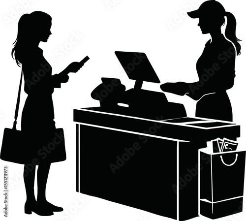 Retail cashier and customer in payment process, silhouette vector style on white background