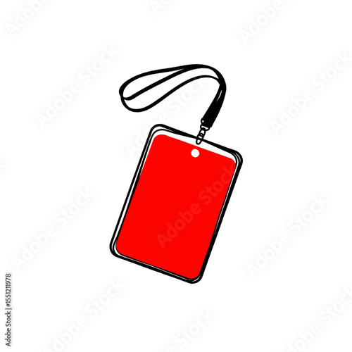 Red badge hangs within isolated white setting showcasing identity information