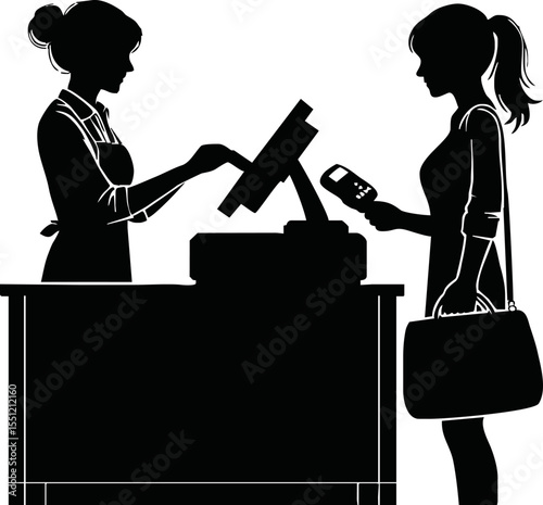 Retail cashier and customer in payment process, silhouette vector style on white background