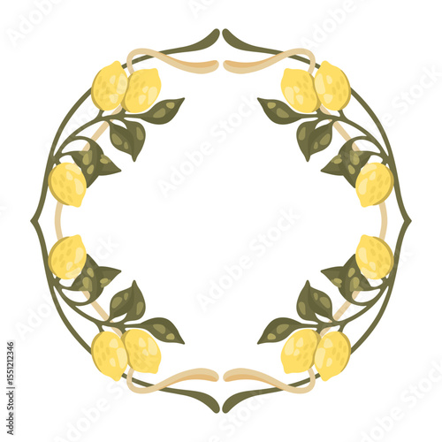 Mediterranean decorative frame with lemons. Art Nouveau style. Vector.