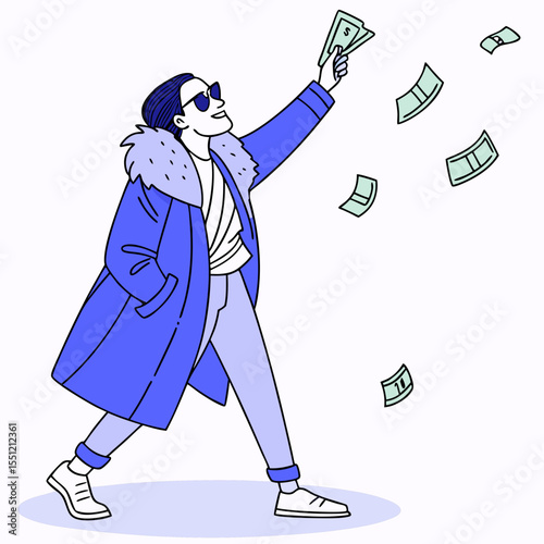 Euphoric celebration of financial success embodied by figure distributing currency