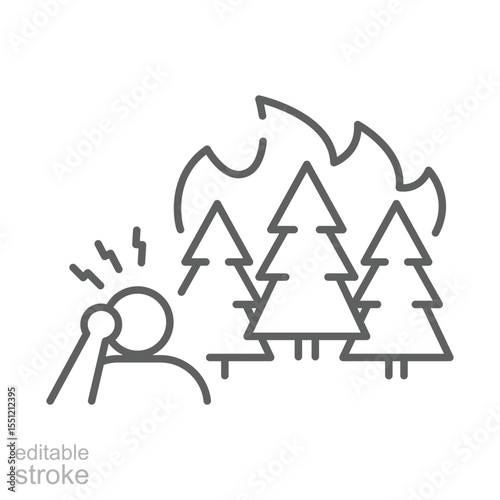 Stressed Person Forest Fire Icon. Editable Stroke Outline. Climate Anxiety Symbol. Environmental Disaster Concept. Burning Trees and Panic Reaction.