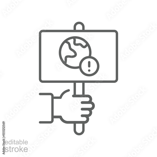 Environmental Protest Icon. Editable Stroke Outline. Hand Holding Planet Sign. Climate Crisis Warning. Global Warming Awareness Symbol.
