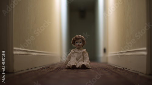 Exploring the Haunting Beauty of a Vintage Doll in a Dimly Lit Hallway: A Symbol of Childhood Nostalgia and Emotional Depth
