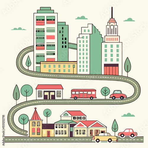 Stylized urban landscape featuring a winding road through city and suburb