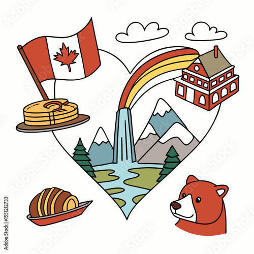 Canadian cultural icons arrangement with distinctive design inside a heart shape