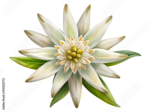 Closeup of an Edelweiss Flower with Green Leaves on Transparent Background, Watercolor Clipart Illustration With Isolated Background.