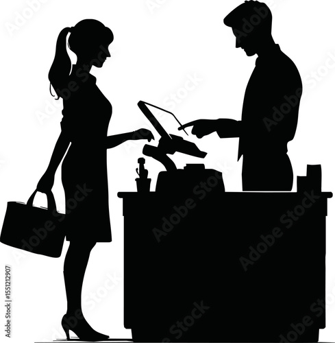 Retail cashier and customer in payment process, silhouette vector style on white background