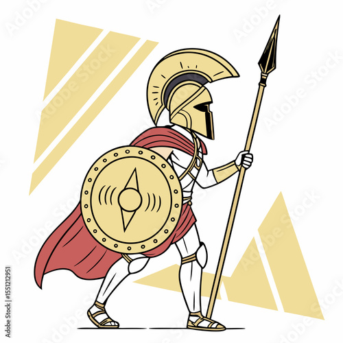 Stylized Spartan warrior illustration featuring traditional weaponry and armor