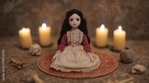 Explore the Enigmatic Doll Surrounded by Candles: A Captivating Ritual Scene That Blends Spirituality and Mystery in a Hauntingly Beautiful Atmosphere