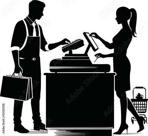 Retail cashier and customer in payment process, silhouette vector style on white background