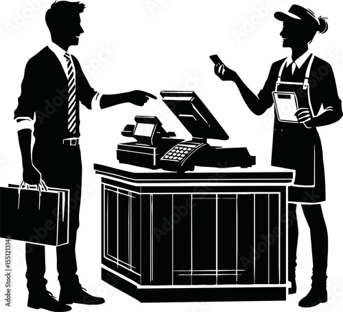 Retail cashier and customer in payment process, silhouette vector style on white background