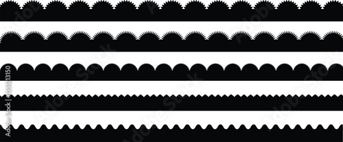 Scalloped border. illustration isolated on white background. dividers. Simple scalloped border. Repeat cute vintage frill ornament. Texture ribbons. Vector Scalloped edge seamless set. borders and	
