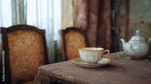Elegant Tea Time: Discovering the Cozy Ambiance of a Vintage Teacup and Teapot Setting on a Rustic Table