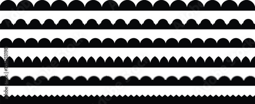 Scalloped border. illustration isolated on white background. dividers. Simple scalloped border. Repeat cute vintage frill ornament. Texture ribbons. Vector Scalloped edge seamless set. borders and	