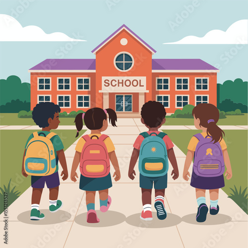 Back to school students walking to school building vector illustration for education theme design concept