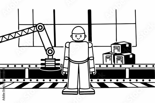Hand Drawn Robot Working in a Factory with Dog Illustration Elements