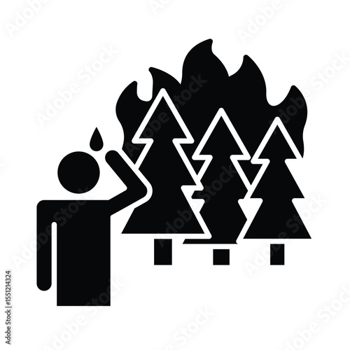 Forest Fire Anxiety Glyph Icon. Person Watching Burning Trees. Climate Disaster Black Silhouette. Global Crisis Symbol.